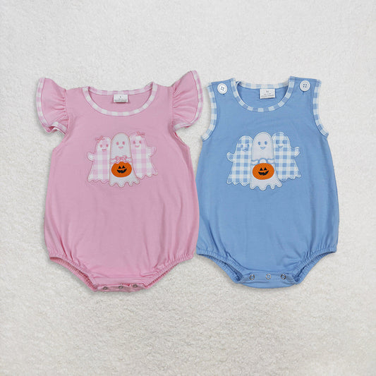 Sibling Girls Boys Short Sleeves Embroidery Ghost Pumpkin Halloween Bubble Romper RTS