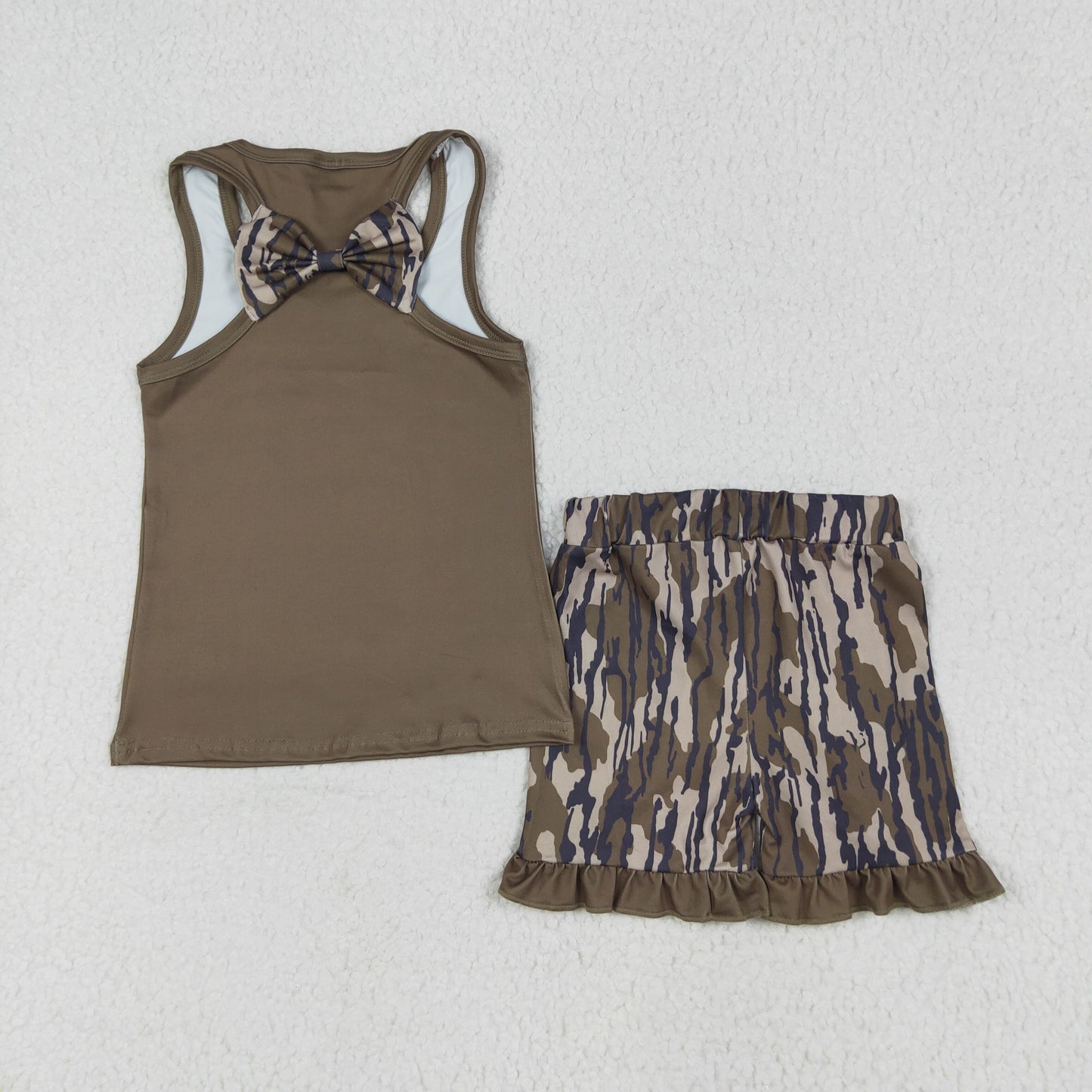 Baby Girl Sleeveless Bows Tops Green Camo Shorts Clothes Set RTS