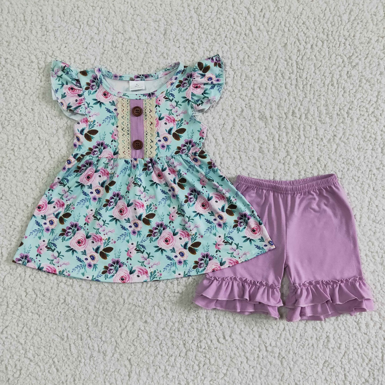 Promotion Baby Girl Short Sleeves Floral Tunic Purple Ruffle Shorts Summer Set