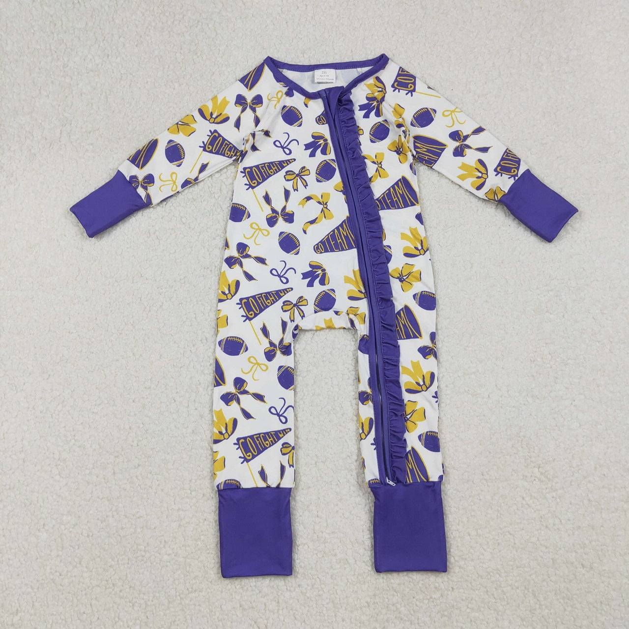 Sibling Girl Kids Cheer Purple Bows Football Team Zipper Romper Dress Set RTS