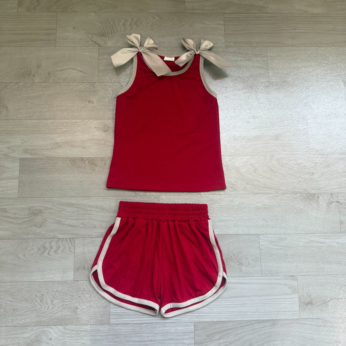 ( No moq ) Preorder Baby Girls Kids Grey Bows Shirt Shorts Dark Red Set Summer Clothes