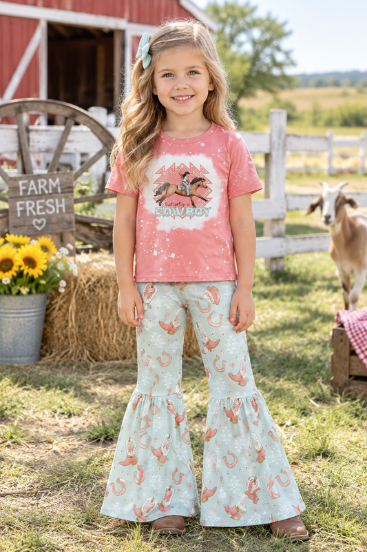 Baby Girls Kids Short Sleeves Cowboy Shirt Boots Aztec Pants Western Set Clothes RTS