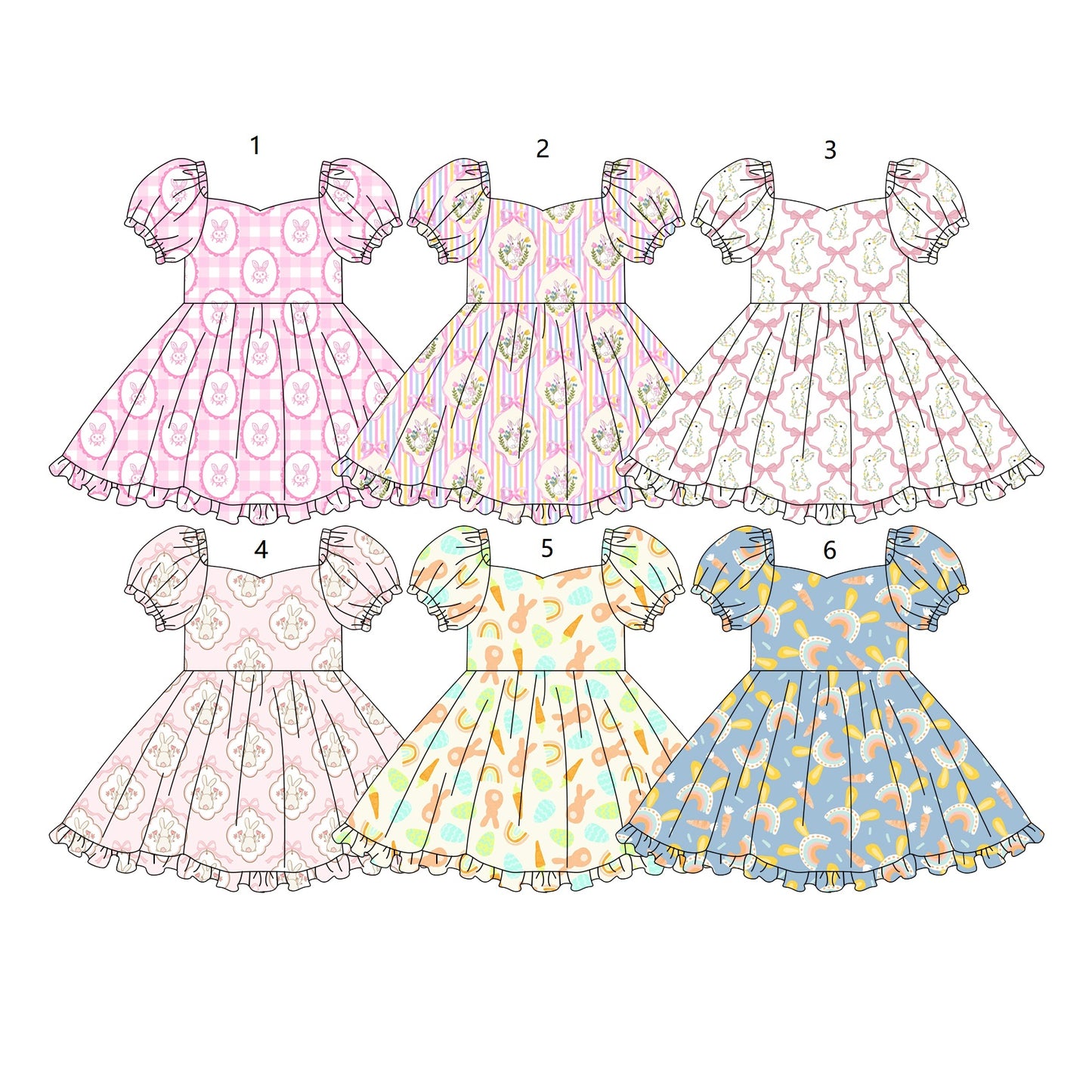 ( Moq 5 Each Style ) Sibling Baby Girls Kids Short Sleeves Rabbits Carrots Easter Knee Length Dresses