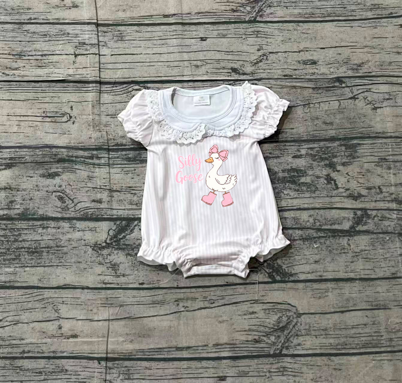 ( No moq ) Preorder Baby Girls Kids Short Sleeves Embroidery Goose Stripes Bubble Romper