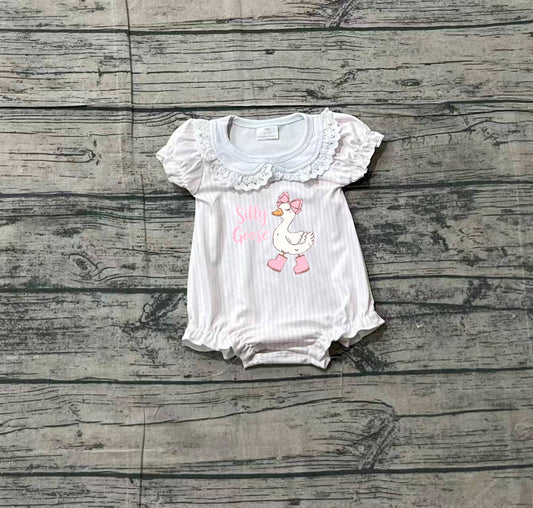 ( No moq ) Preorder Baby Girls Kids Short Sleeves Embroidery Goose Stripes Bubble Romper