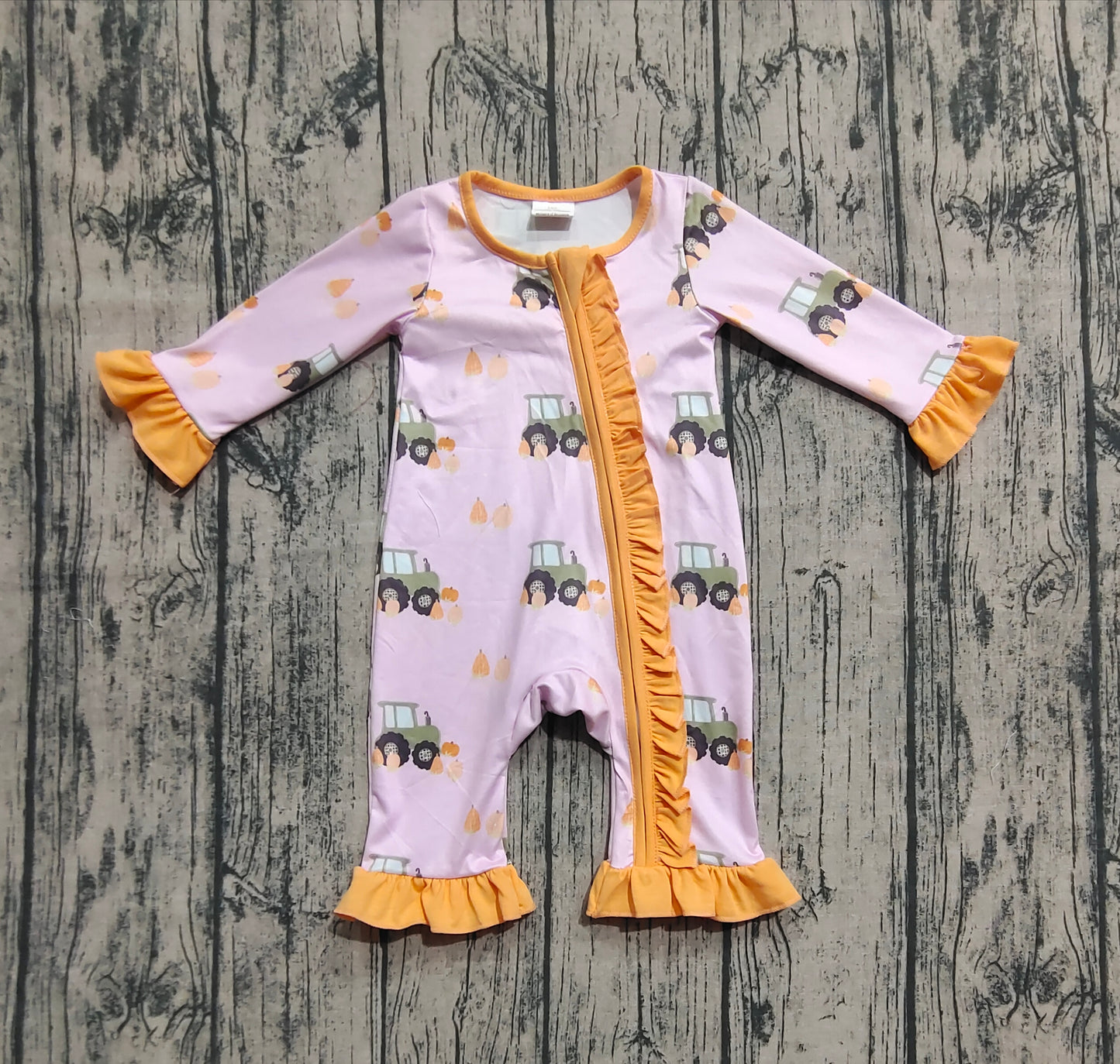 Baby Girl Pink Long Sleeves Pumpkins Tractors Zipper Thanksgiving Romper RTS