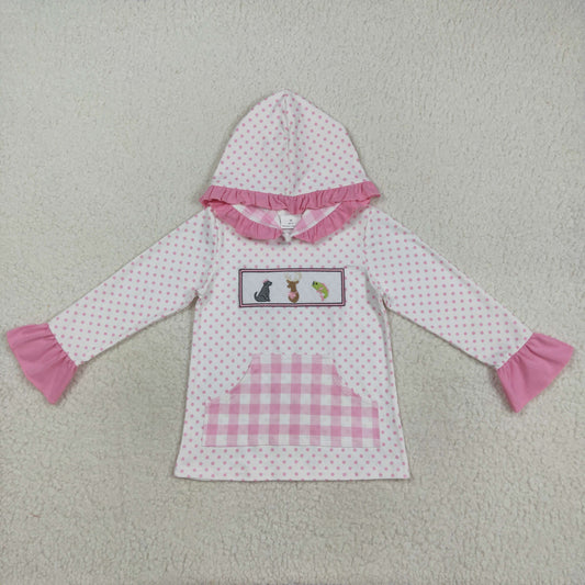 Baby Girl Long Sleeves Embroidery Dog Deer Fish Pink Plaid Pocket Hoodie Shirt RTS