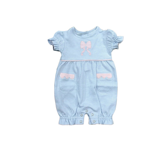 ( Moq 5 )  Preorder Baby Girls Infant Short Sleeves Bows Pockets Blue Stripes Romper Clothes
