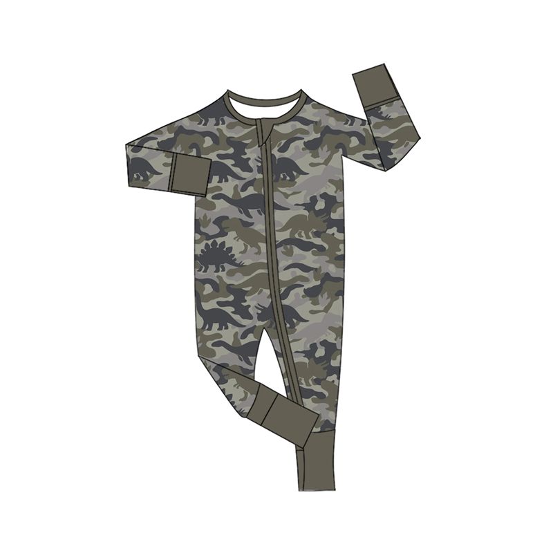 ( Moq 5 ) Preorder Baby Boys Kids Long Sleeves Dinosaurs Zipper Footie Romper Camo Clothes