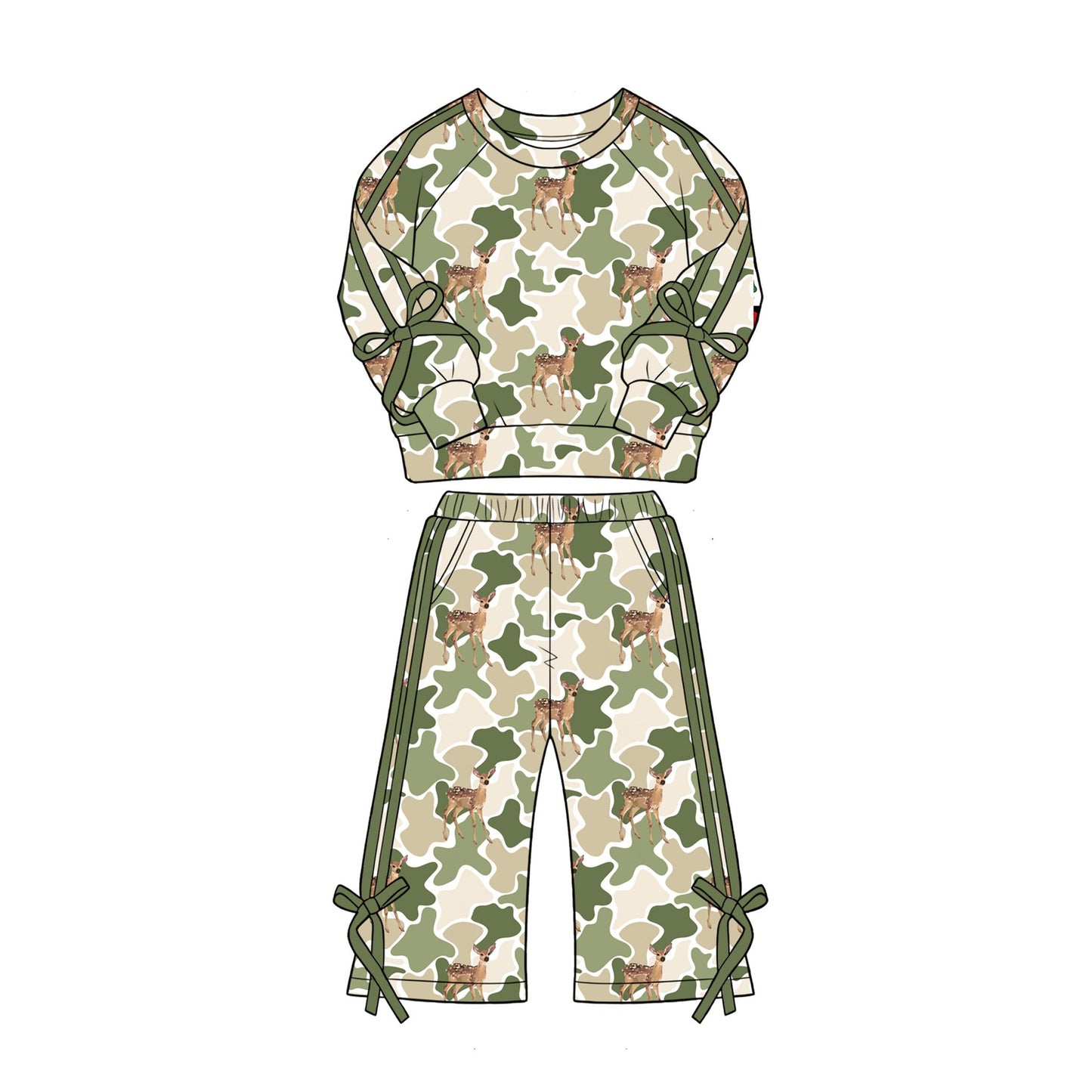 ( Moq 5 ) Preorder Baby Girls Kids Deer Camo Green Bows Shirt Pockets Pants Set Clothes