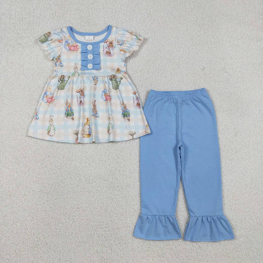 Baby Girls Kids Short Sleeves Rabbits Plaid Tunic Blue Pants Easter Set RTS