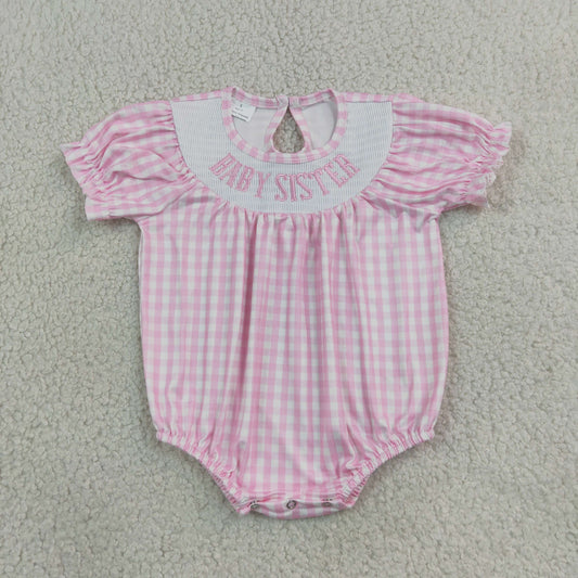 Baby Girls Infant Embroidery Baby Sister Pink Plaid Smocked Bubble Romper RTS