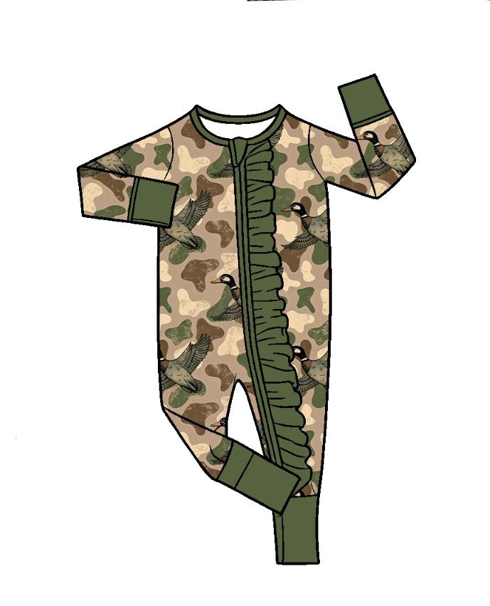 ( Moq 5 )  Preorder Baby Girls Long Sleeves Zipper Sleeper Romper Ducks Camo Clothes
