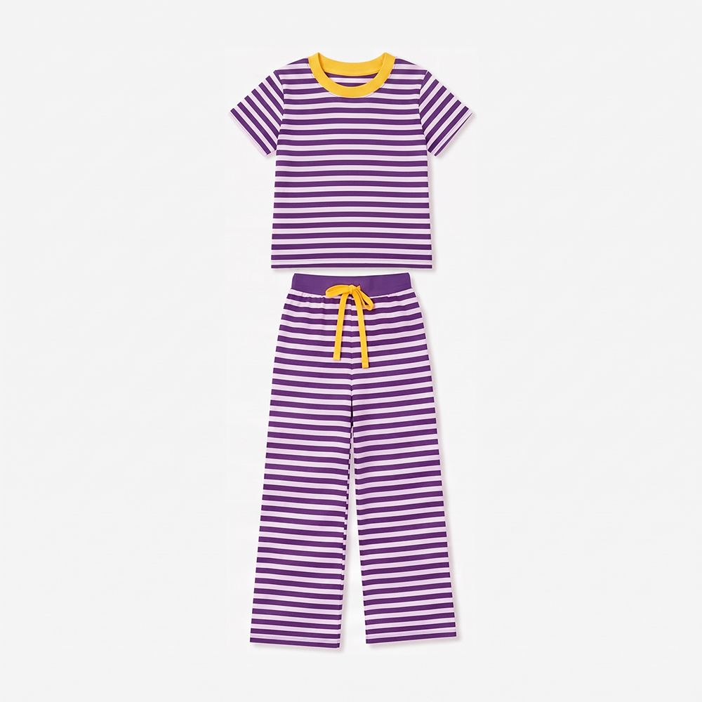( Moq 5 ) Preorder Baby Girls Kids Short Sleeves Purple Stripes Shirt Pants Pajamas Set Clothes