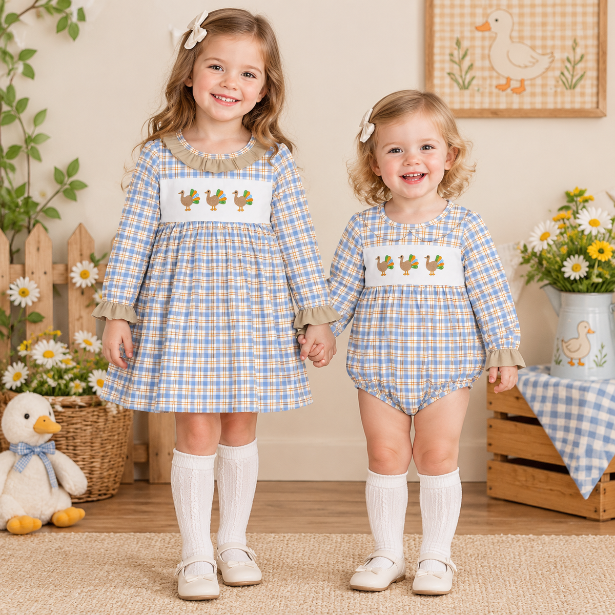Sibling Baby Girls Kids Embroidery turkey Plaid Thanksgiving Romper Dress Clothes RTS