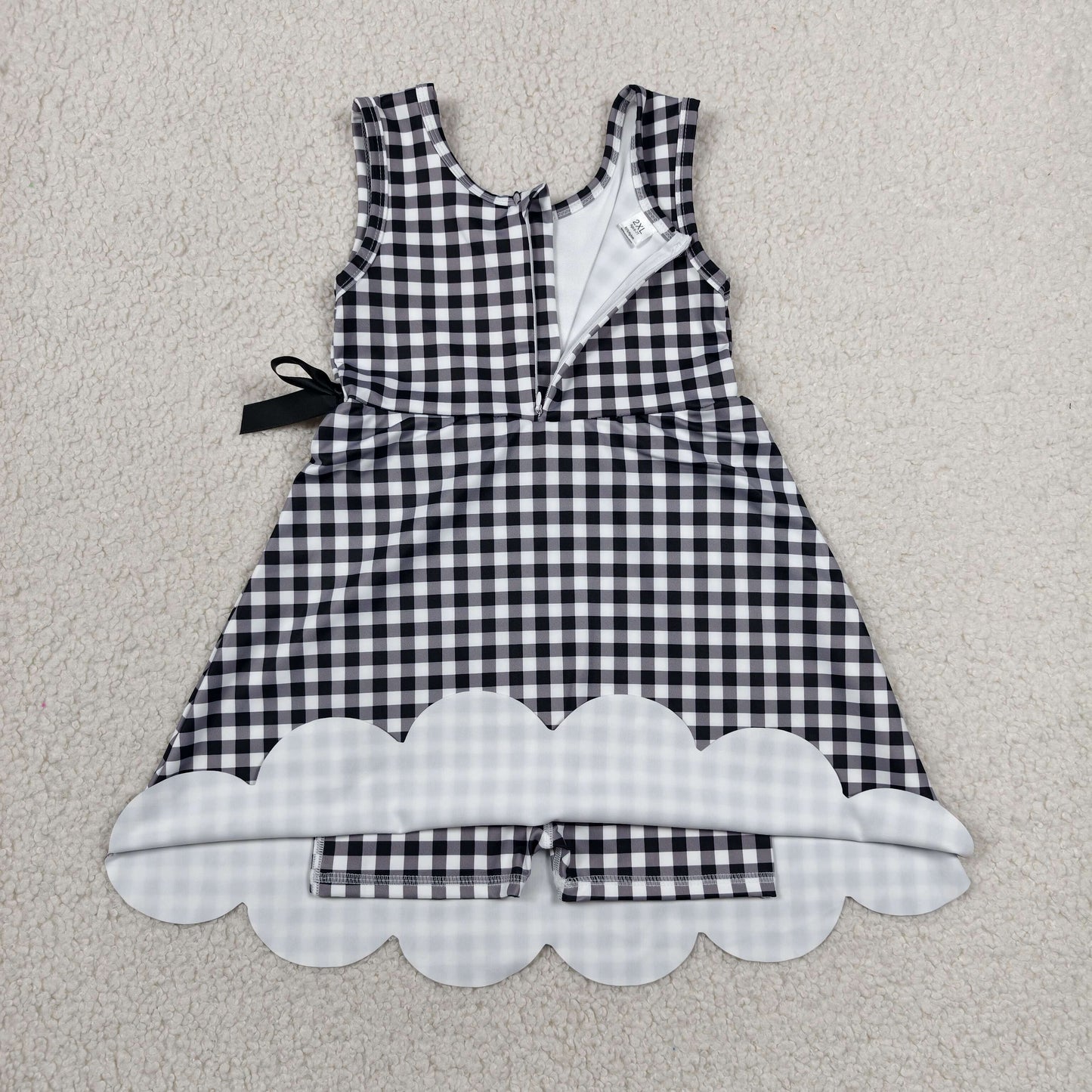 Baby Girls Kids Sleeveless Black Plaid Scallop Yoga Knee Length Dress RTS