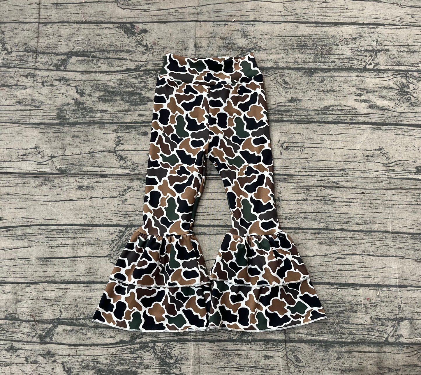( No moq ) Preorder Girls Kids Brown Camo Ruffle Bell Pants Bottoms