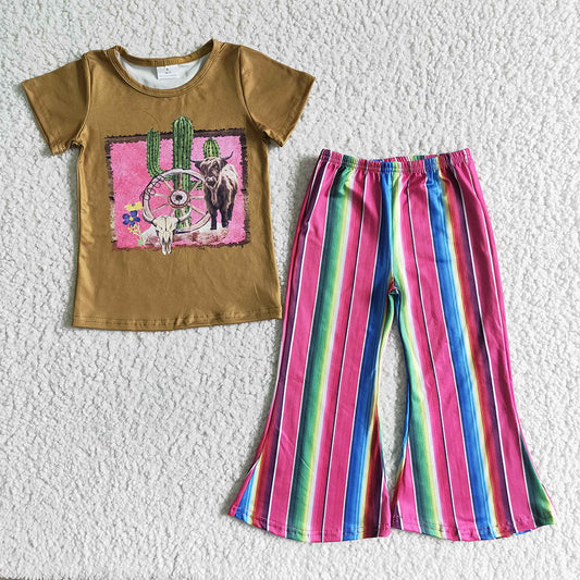 Promotion Baby Girl Cow Cactus Shirt Stripes Bell Pants Set