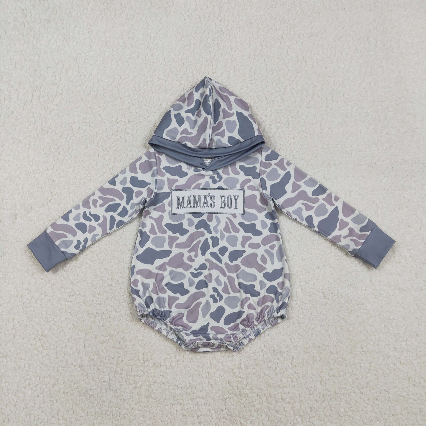 Baby Boys Long Sleeves Embroidery Mama's Boy Hoodie Grey Camo Bubble Romper RTS
