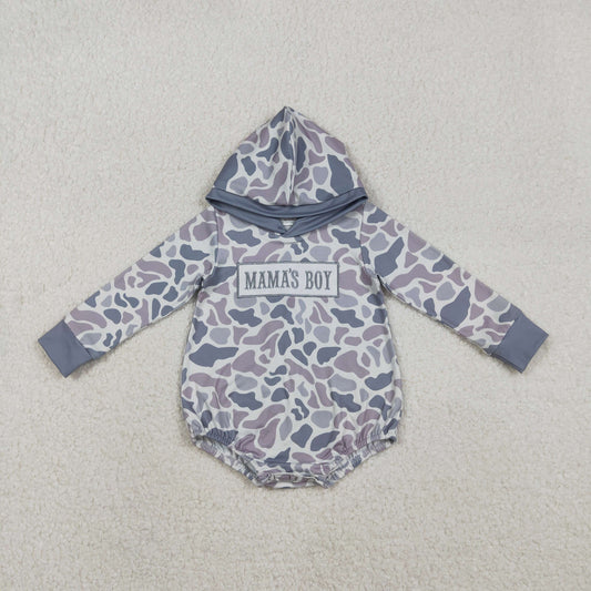Baby Boys Long Sleeves Embroidery Mama's Boy Hoodie Grey Camo Bubble Romper RTS
