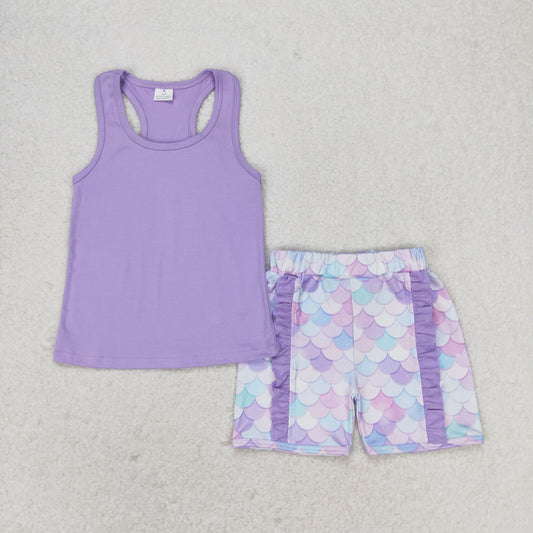 Baby Girl Sleeveless Purple Cotton Tops Mermaid Shorts Summer Set