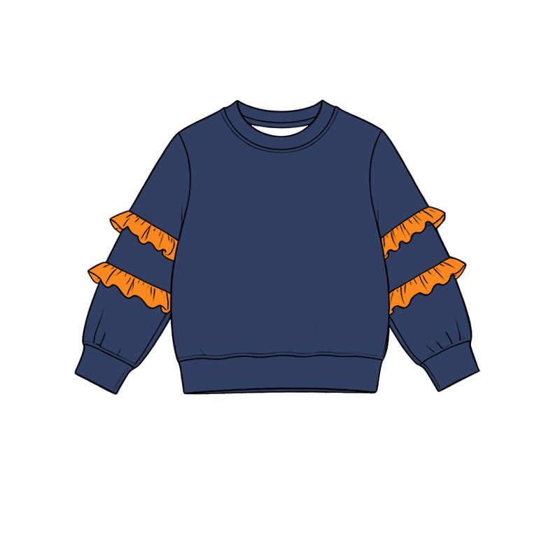 ( Moq 5 ) Preorder Baby Girls Toddler Ruffle Long Sleeves Navy Shirt Tops Clothes