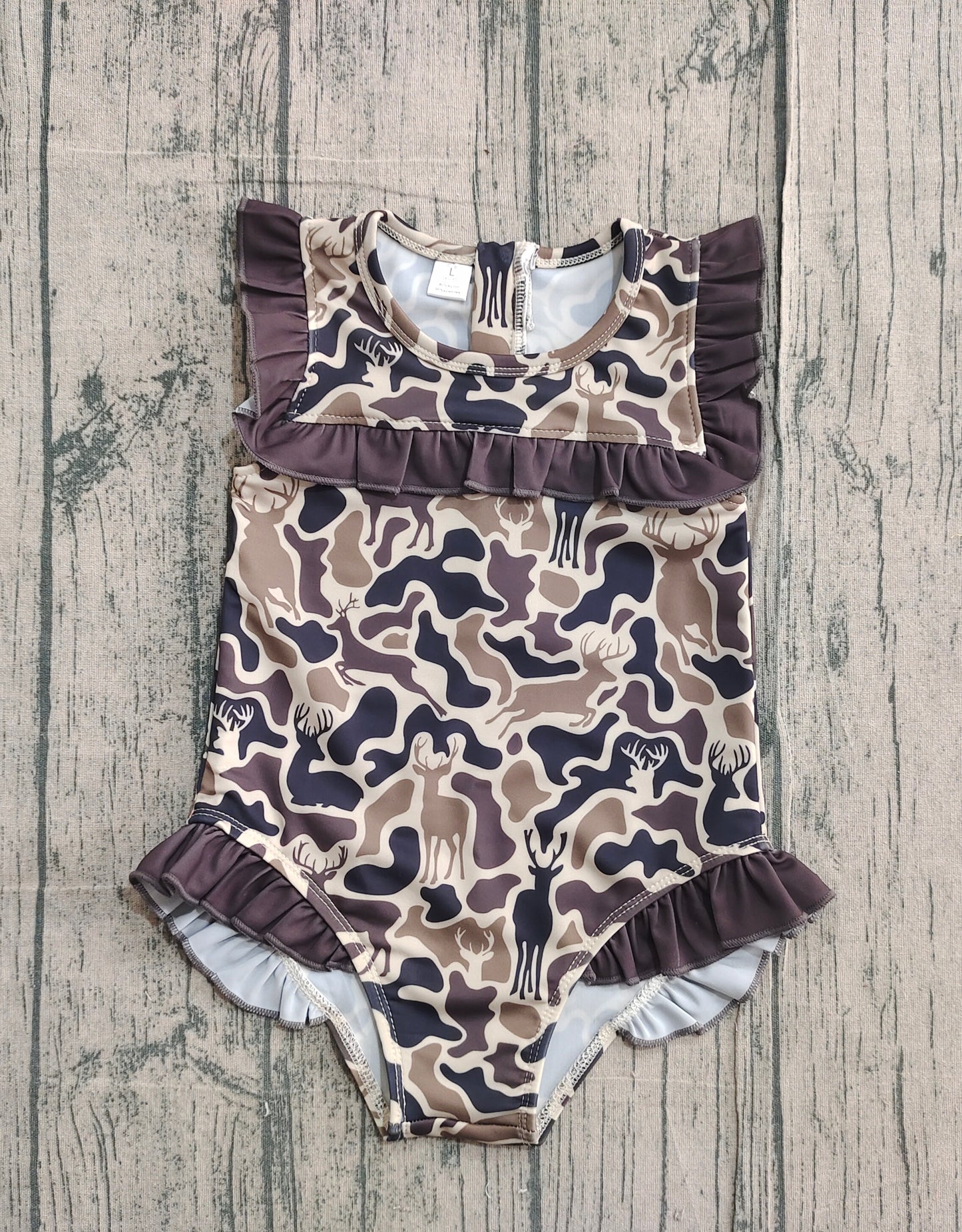Baby Girls Kids Short Sleeves Deer Camo Ruffle One-piece Swimsuit RTS