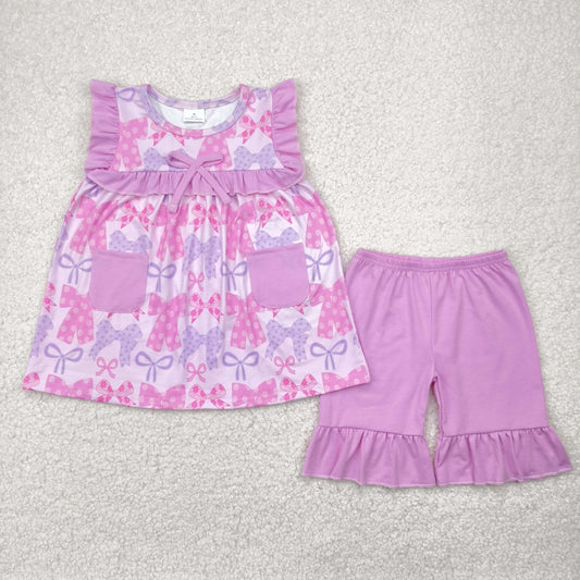 Baby Girl Short Sleeves Purple Pink Bows Pockets Tunic Tops Cotton Shorts Set RTS