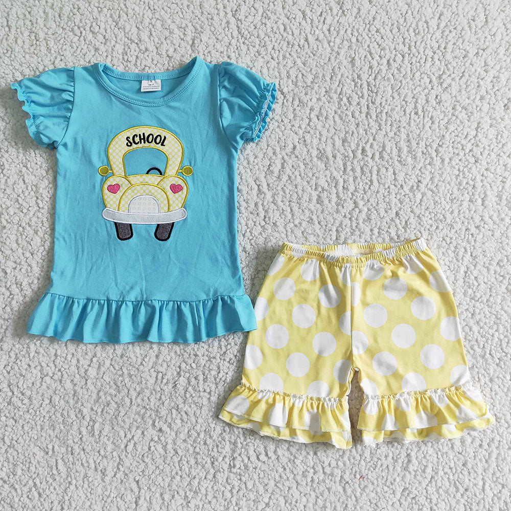 Promotion Baby Girl Back To School Embroidery Bus Shorts Set