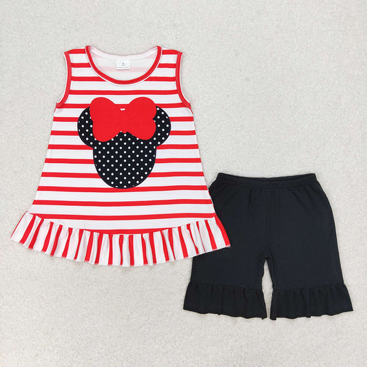 Baby Girl Sleeveless Mouse Stripes Tops Black Shorts Summer Set