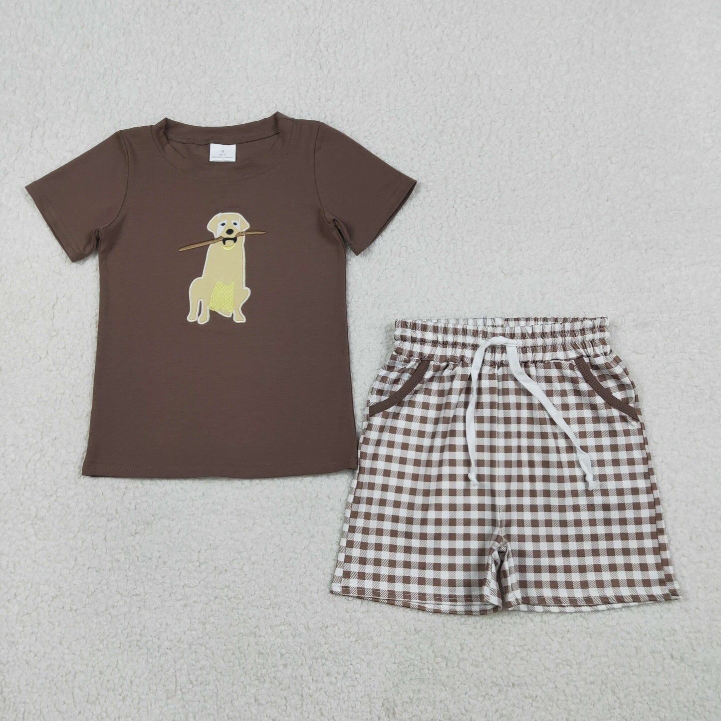 Baby Boys Short Sleeves Embroidery Dog Brown Shirt Plaid Pockets Shorts Clothes Set RTS