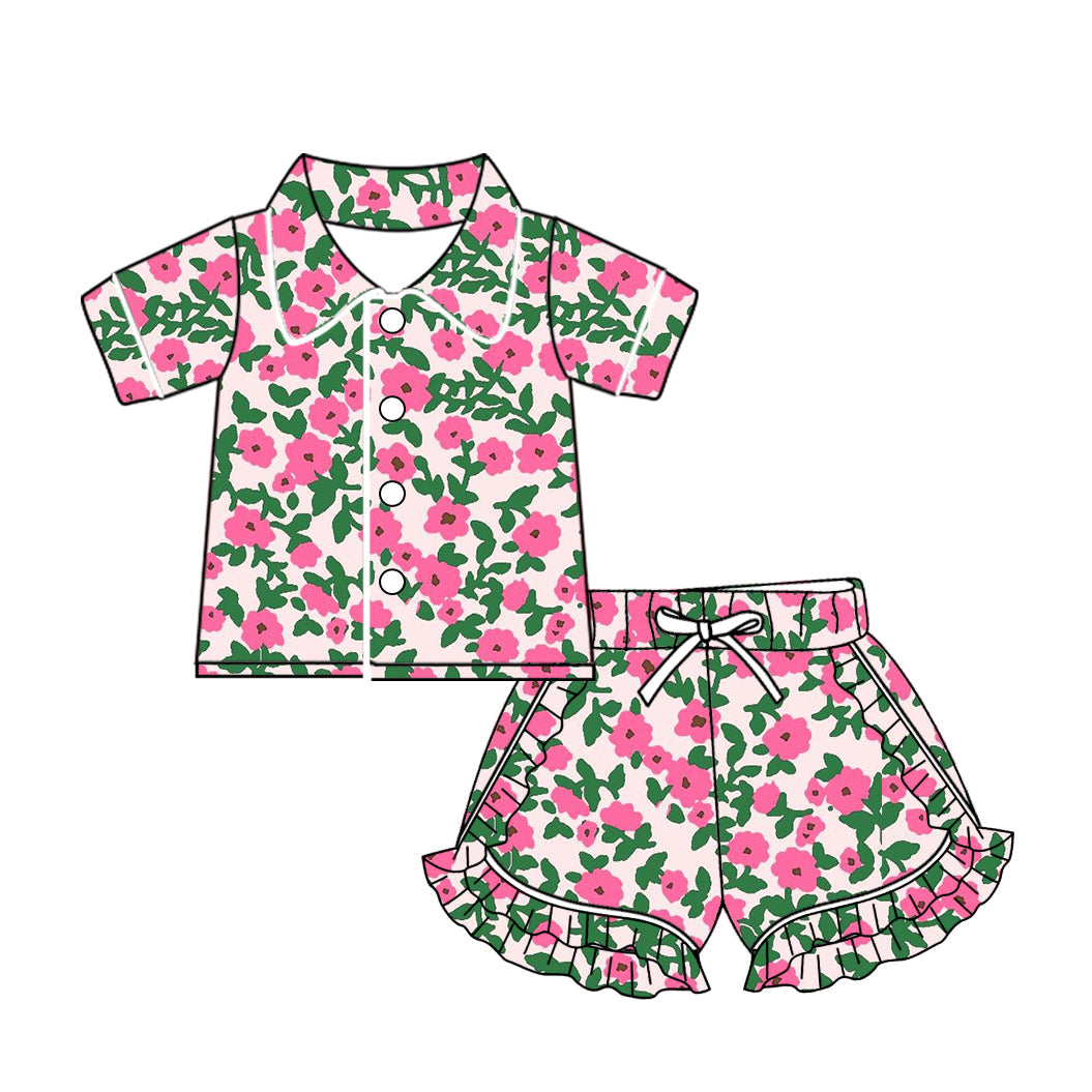 Baby Girl Short Sleeves Pink Flower Buttons Shirt Ruffle Shorts Pajamas Set Moq 5