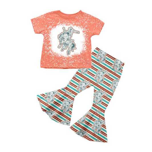 Baby Girl Western Horse Shirt Stripes Bell Pants Clothes Set