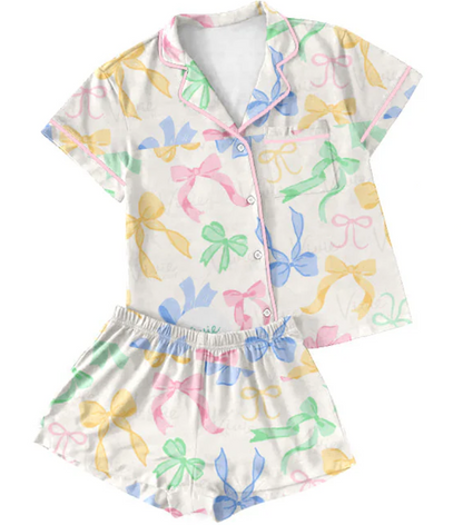 Baby Girl Adult Women Short Sleeves Bows Pockets Sibling Pajamas Set ( Moq 5 Each Style ) 3.21