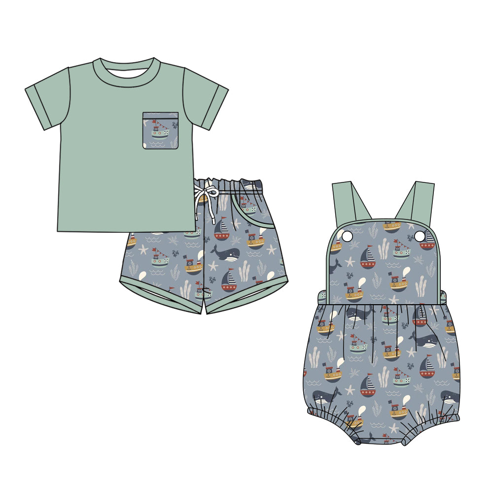 ( Moq 5 Each Style ) Baby Boys Kids Boats Sibling Grey Summer Green Romper Set
