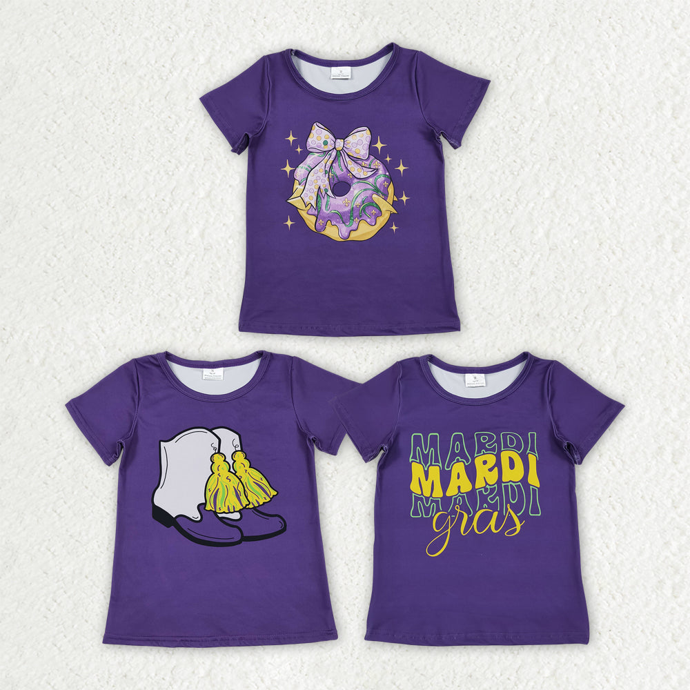 Sibling Baby Girls Purple Short Sleeves Bows Boots Donuts Mardi Gras Shirts Tops