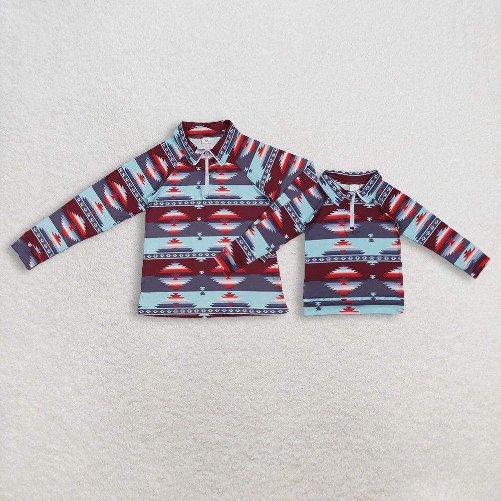 Sibling Kids Adult Women Western Aztec Zipper Pullover Family Mommy and Me Shirts Tops RTS