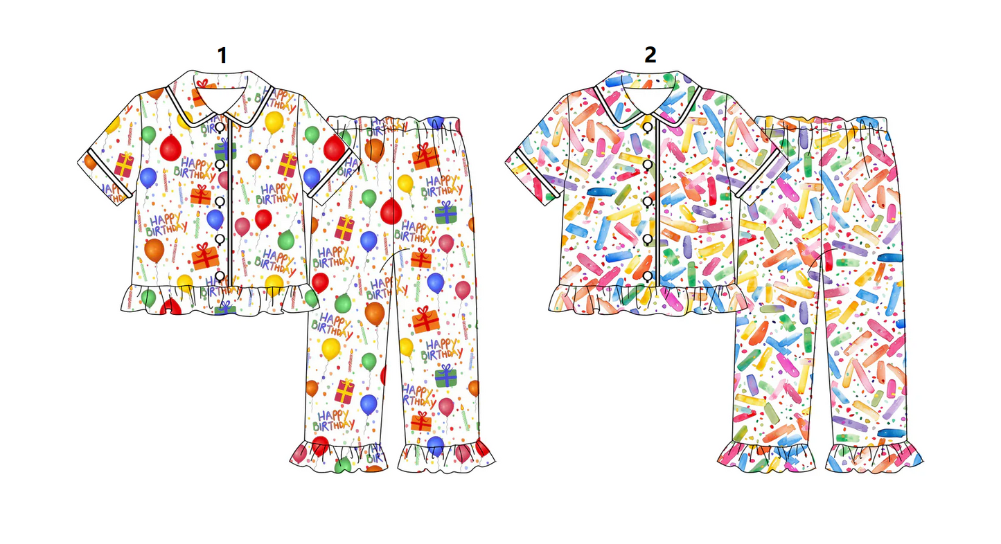 ( Moq 5 Each Style ) Baby Girls Kids Short Sleeves Happy Birthday Buttons Shirt Pants Sibling Pajamas Sets