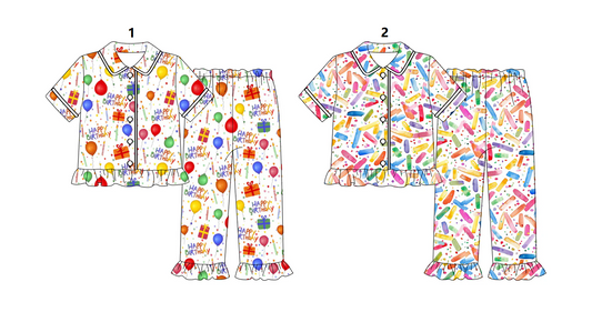 ( Moq 5 Each Style ) Baby Girls Kids Short Sleeves Happy Birthday Buttons Shirt Pants Sibling Pajamas Sets