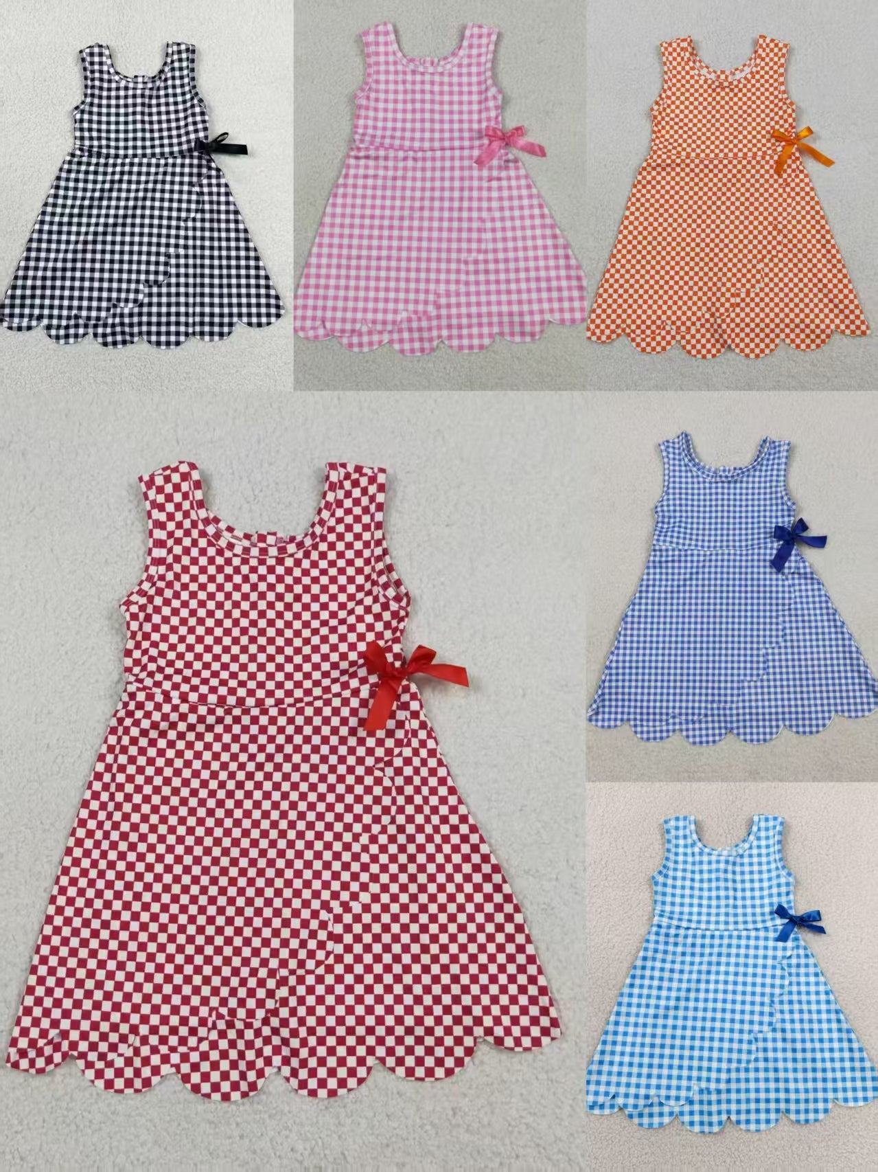 Sibling Baby Girls Plaid Bows Ruffle Yoga Active Shorts Knee Length Scallop Dresses RTS