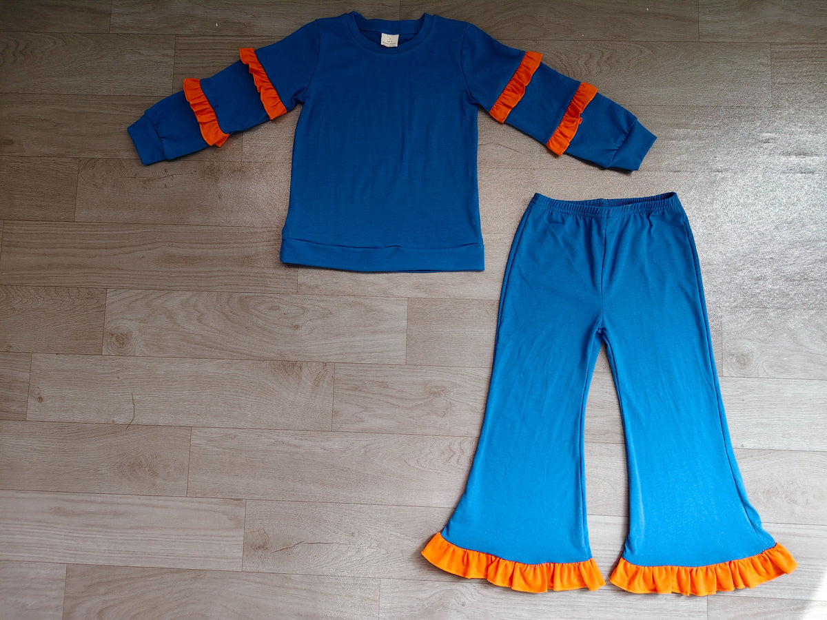 ( No moq ) Preorder Baby Girls Kids Orange Ruffle Long Sleeves Shirt Pockets Pants Cotton Set Blue Clothes