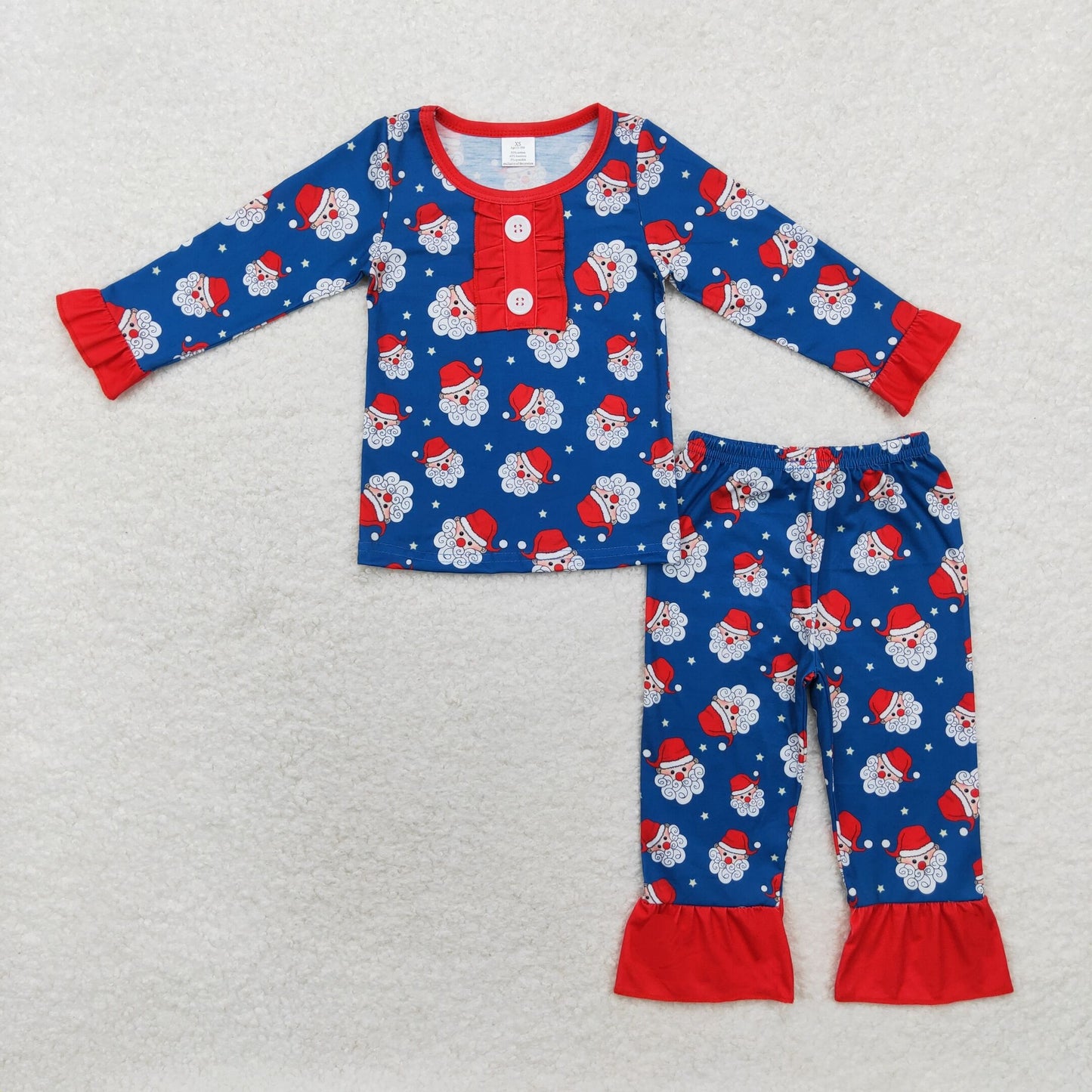 Baby Boy Christmas Santa Ruffles Shirt Pants Pajamas Blue Set