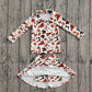 ( No moq ) Preorder Girls Kids Bows Orange Football Zipper Shirt Yoga Active Skorts Team Clothes Set
