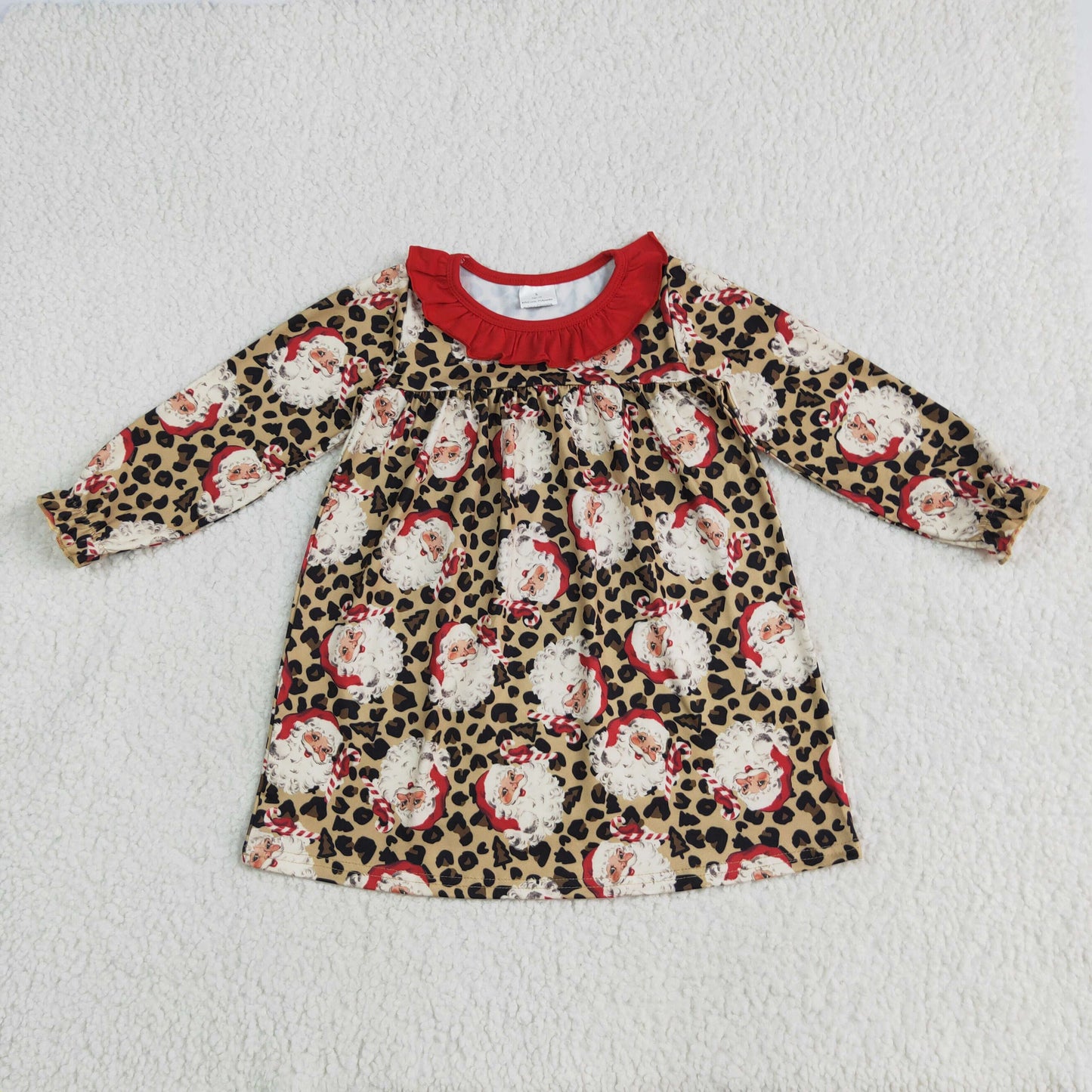 Baby Girl Long Sleeves Santa Leopard Knee Length Christmas Dress RTS