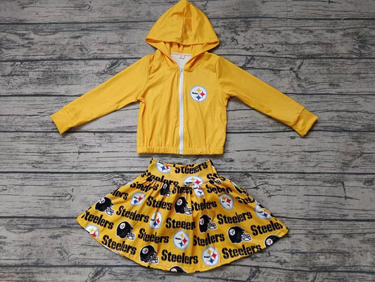 Baby Girl Toddler Zipper Yellow Hoodie Tops Team Skirt Shorts Set Moq 5