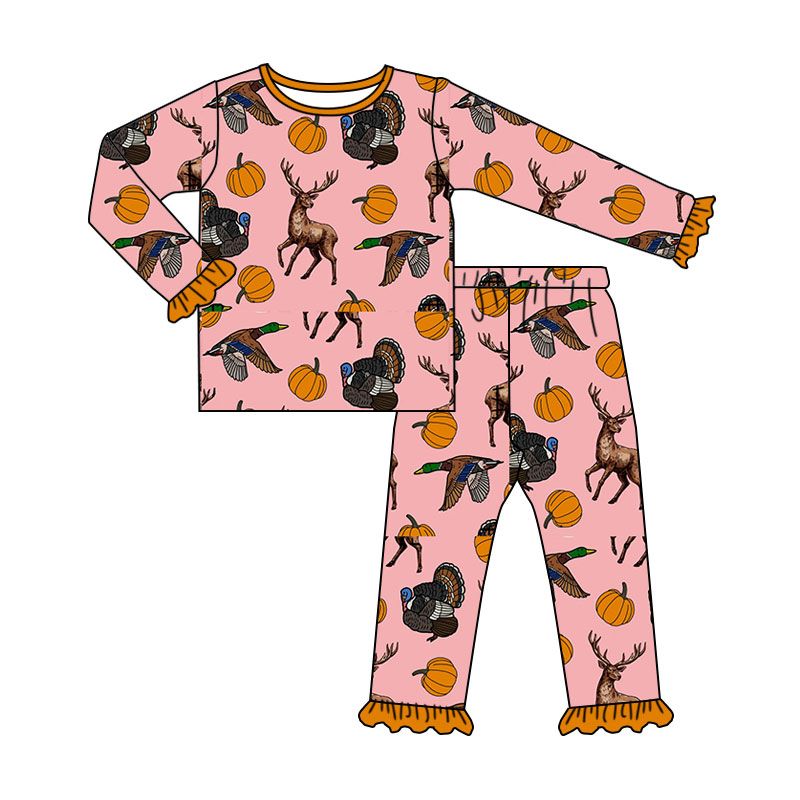 ( Moq 5 ) Preorder Baby Girls Kids Pumpkins turkey Ducks Deer Shirt Pants Set Pajamas Fall Clothes