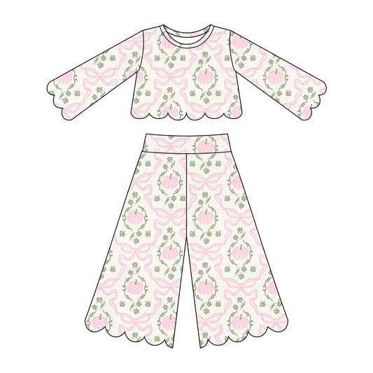 ( Moq 5 ) Preorder Baby Girls Kids Pink Pumpkins Bows Shirt Scallop Pants Set Fall Clothes
