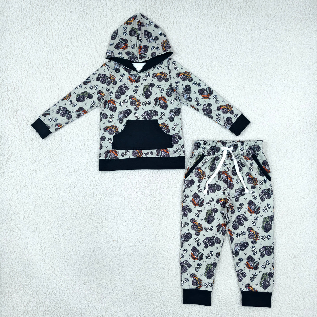 Baby Boys Kids Long Sleeves Trucks Hoodie Shirt Pockets Pants Set Clothes RTS