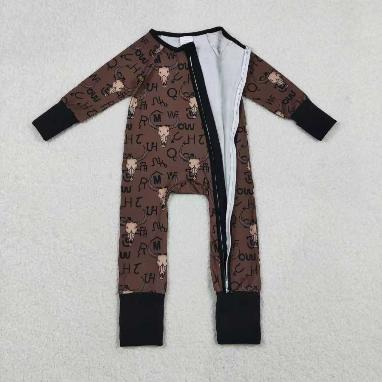 Sibling Kids Boy Long Sleeves Western Cow Aztec Zipper Footie Romper Pockets Hoodie Shirt RTS