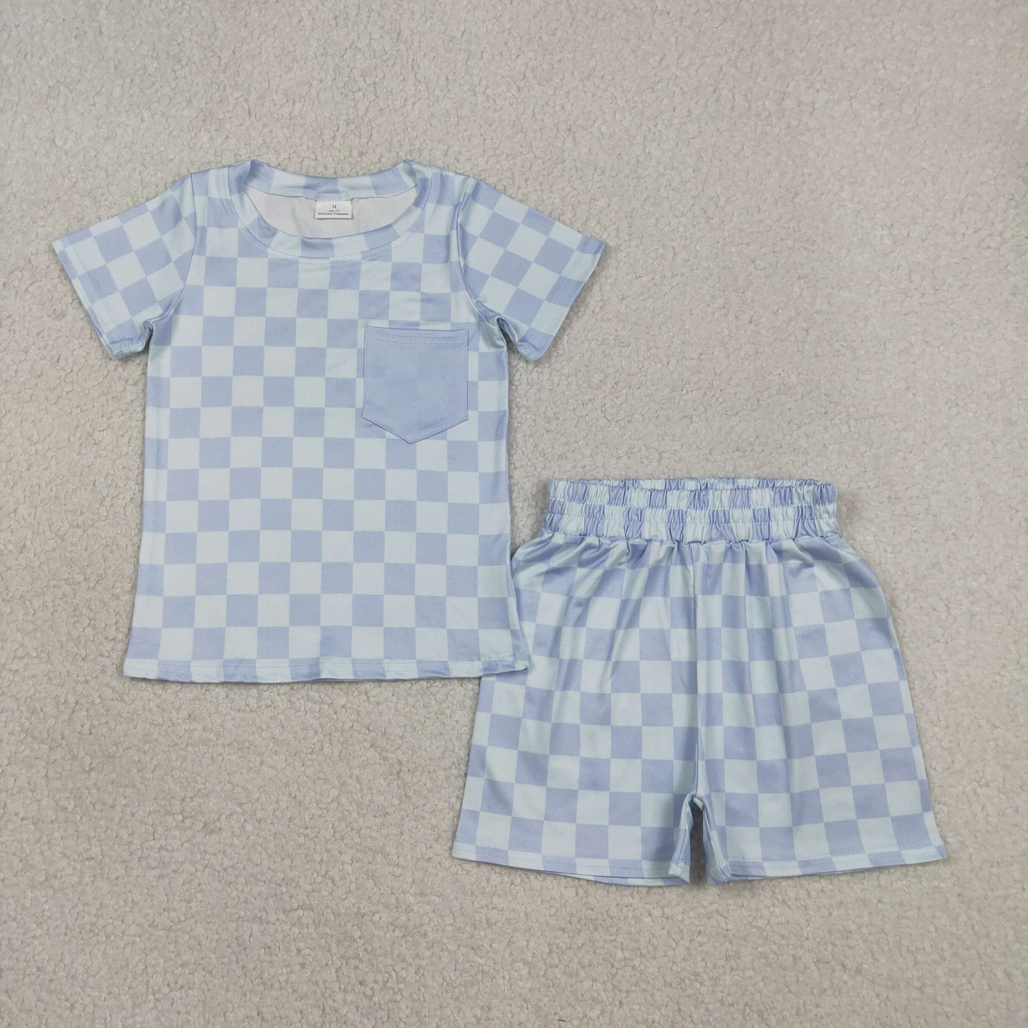 Baby Boys Short Sleeves Blue Checked Pocket Shirt Shorts Clothes Set RTS